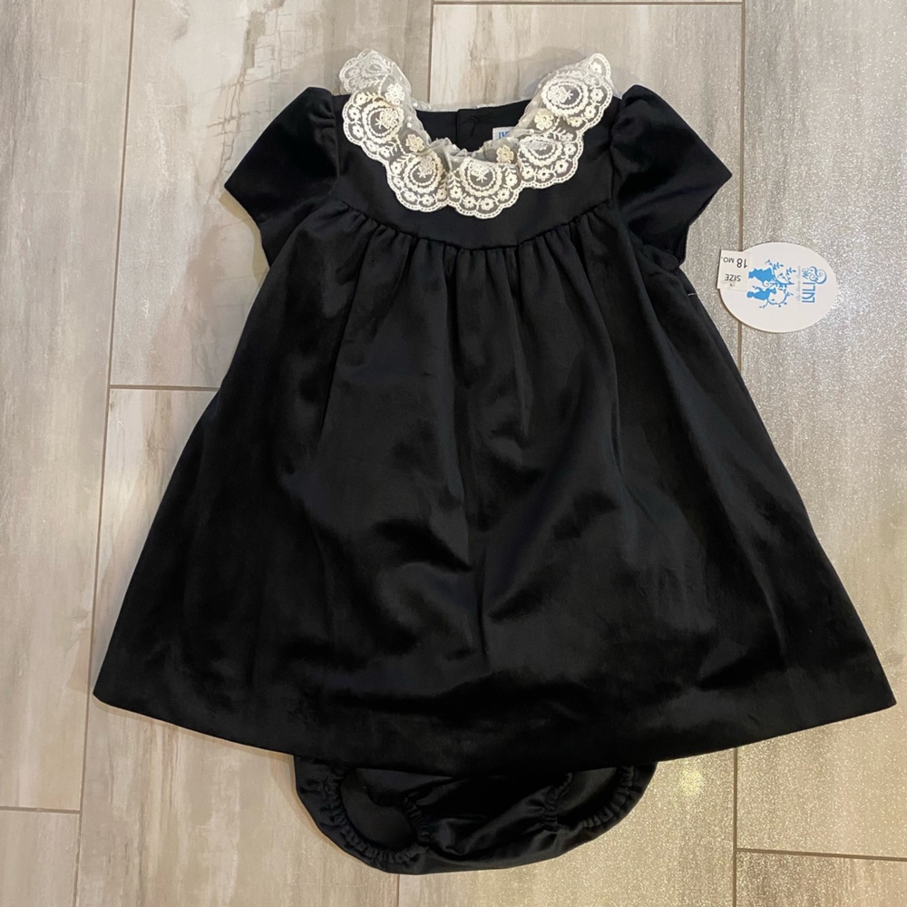 NWT Luli & Me Heirloom Lace Deluxe Black Velvet Float Dress & Bloomers girls 18M